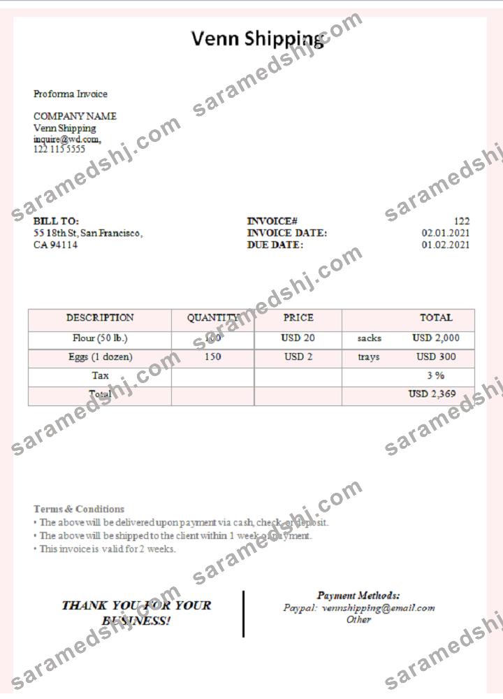 USA Venn Shipping invoice
